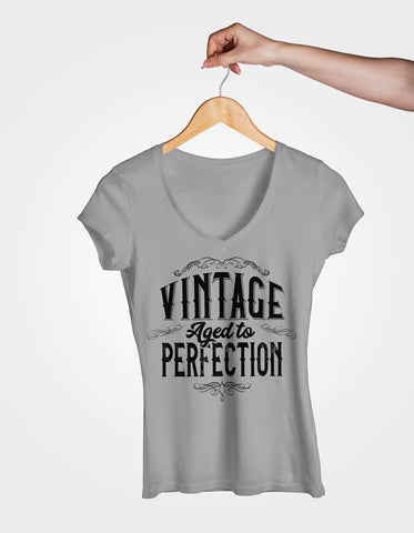 Image of Ladies Cotton V-Neck T-Shirt Vintage Aged to Perfection