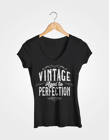 Image of Ladies Cotton V-Neck T-Shirt Vintage Aged to Perfection