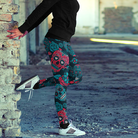 Image of Sugar Skull Red & Turquoise Printed Leggings Yoga Pants