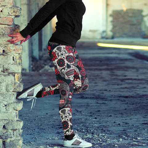 Image of Sugar Skull and Red Rose Printed Leggings Yoga Pants