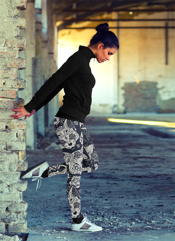 Image of Sugar Skull Black and White Cats Leggings Yoga Pants