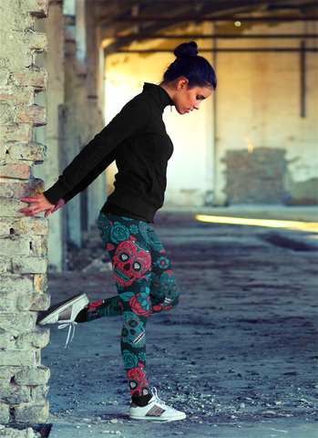 Image of Sugar Skull Leggings Red & Turquoise