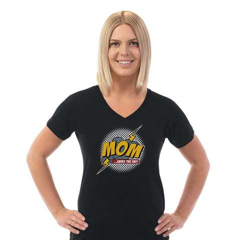Image of Mom Saves The Day Ladies Cotton V-Neck T-Shirt