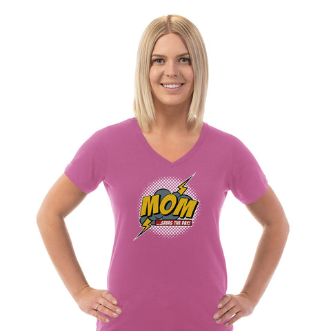 Image of Mom Saves The Day Ladies Cotton V-Neck T-Shirt