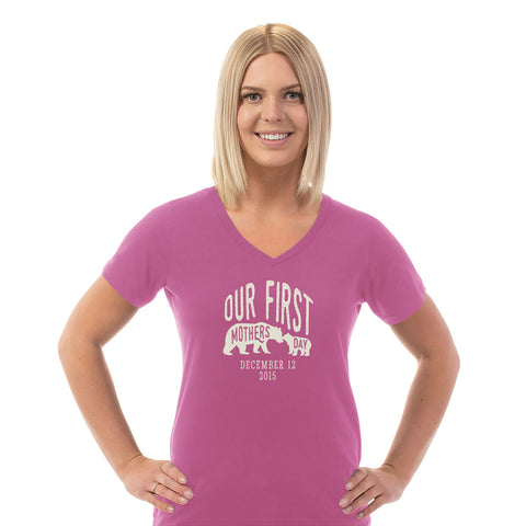 Image of First Mothers Day Personalized Ladies V Neck Tee