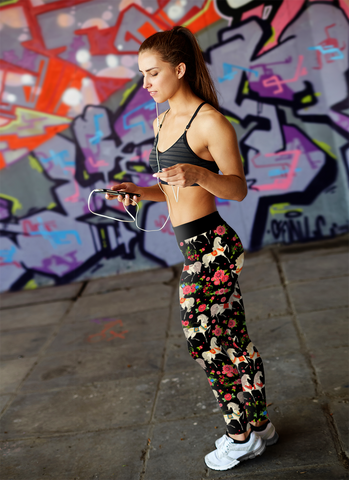 Image of Horse Leggings Horses and Pink Flowers