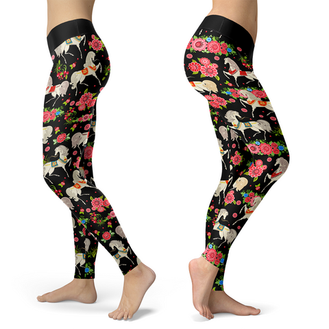 Image of Horse Leggings Horses and Pink Flowers
