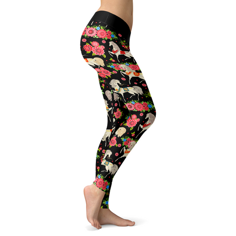 Image of Horse Leggings Horses and Pink Flowers