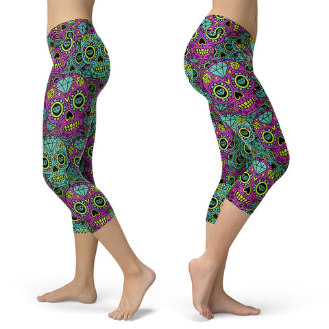 Image of Sugar Skull Capris Teal and Purple