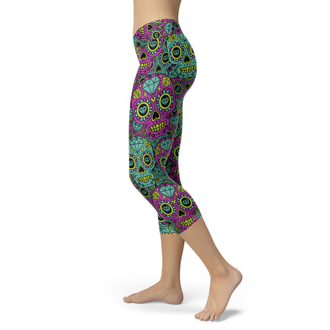 Image of Sugar Skull Capris Teal and Purple