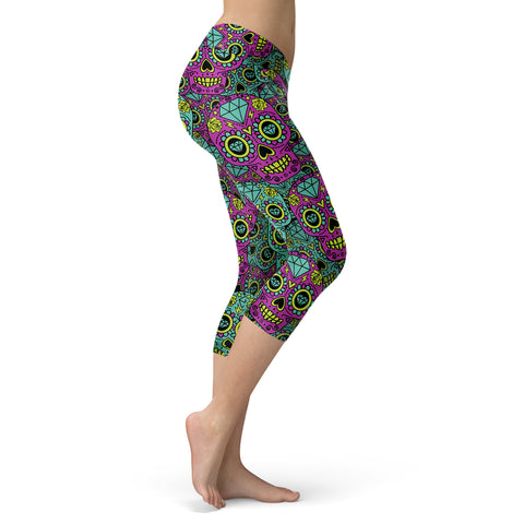 Image of Sugar Skull Capris Teal and Purple