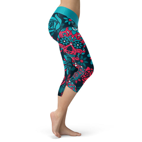 Image of Sugar Skull Capris Turquoise and Red