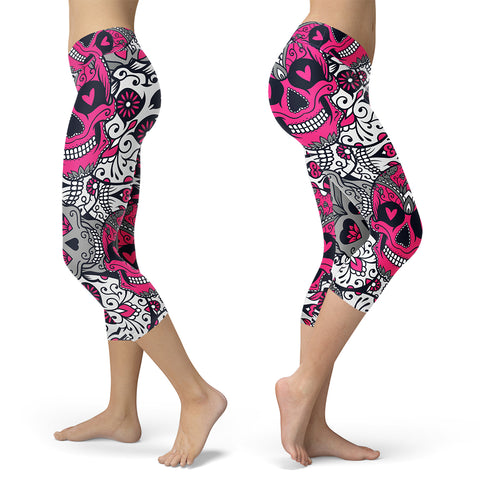Image of Sugar Skull Capris Pink and Silver
