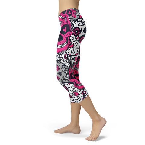 Image of Sugar Skull Capris Pink and Silver