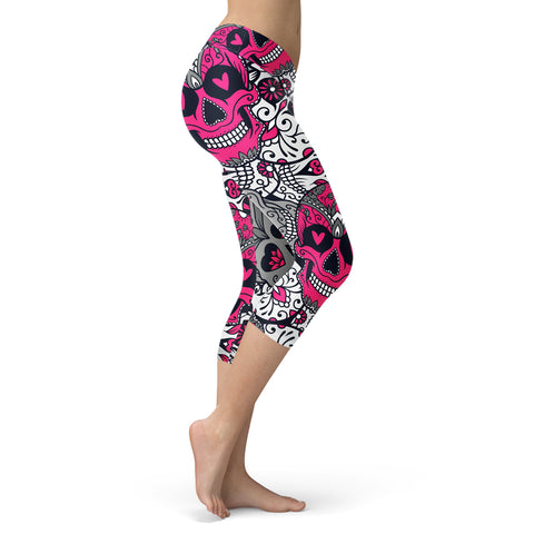 Image of Sugar Skull Capris Pink and Silver