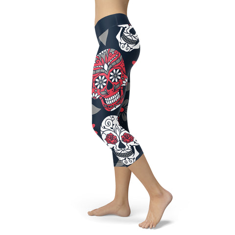 Image of Sugar Skull Capris Navy and red