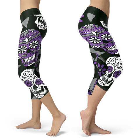 Image of Sugar Skull Capris Dark Green and Purple