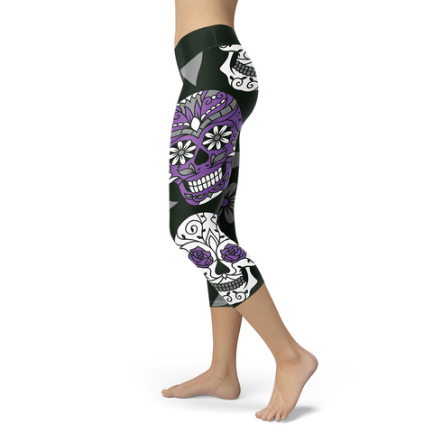 Image of Sugar Skull Capris Dark Green and Purple