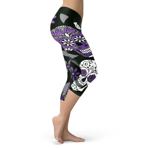Image of Sugar Skull Capris Dark Green and Purple
