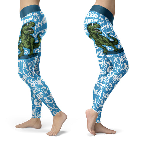 Image of Surfing Leggings T-Rex Surfing With Surf Text