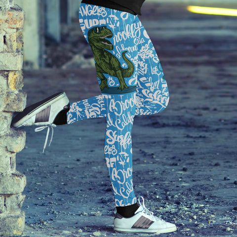 Image of Surfing Leggings T-Rex Surfing With Surf Text