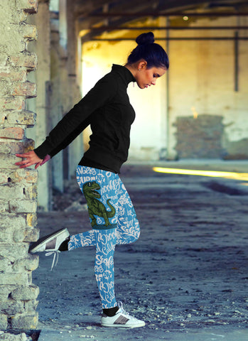 Image of Surfing Leggings T-Rex Surfing With Surf Text