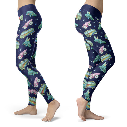 Image of Surfing Leggings Hippie Vans, Cars and Bicycles with Surf Board