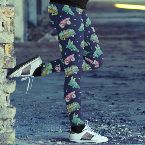 Image of Surfing Leggings Hippie Vans, Cars and Bicycles with Surf Board