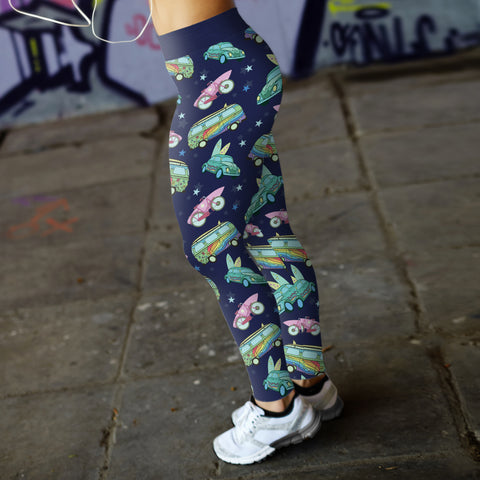 Image of Surfing Leggings Hippie Vans, Cars and Bicycles with Surf Board