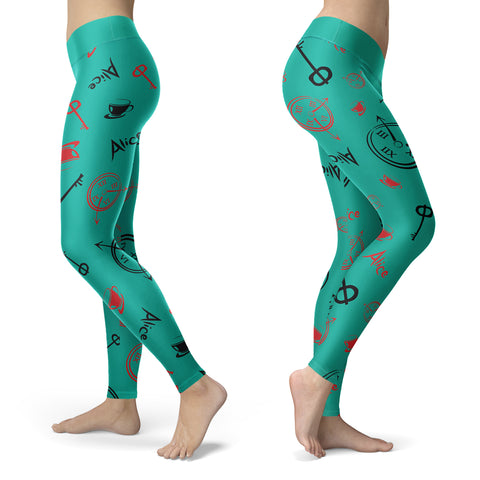 Image of Wonderland Leggings Alice and Clocks Teal