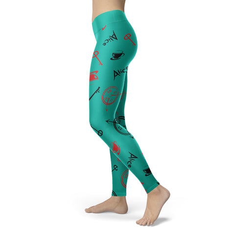 Image of Wonderland Leggings Alice and Clocks Teal
