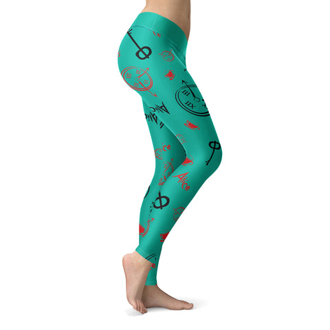 Image of Wonderland Leggings Alice and Clocks Teal