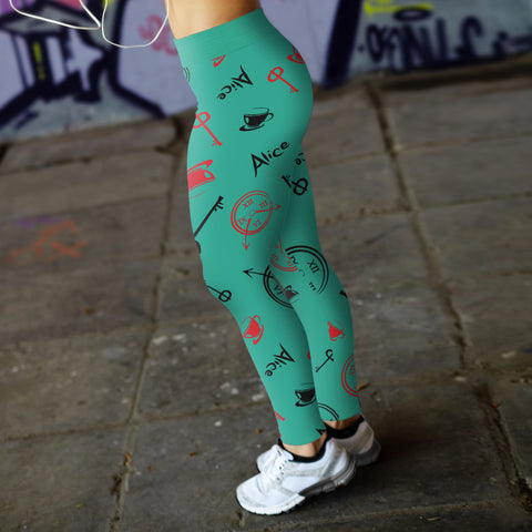 Image of Wonderland Leggings Alice and Clocks Teal