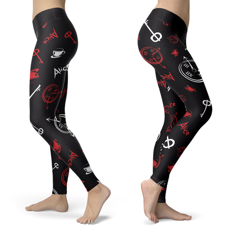 Image of Wonderland Leggings Alice and Clocks Black