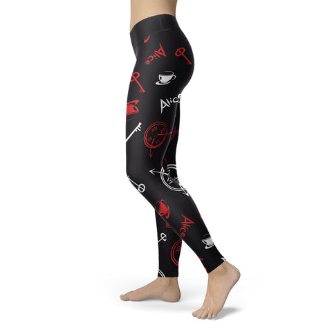 Image of Wonderland Leggings Alice and Clocks Black