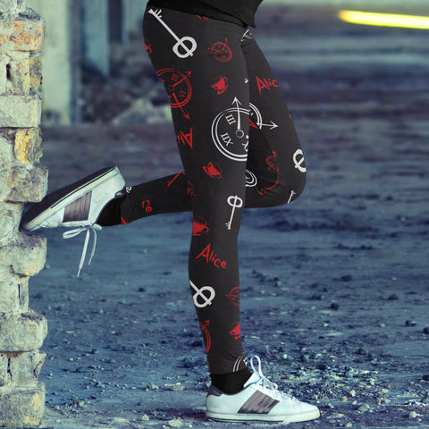Image of Wonderland Leggings Alice and Clocks Black