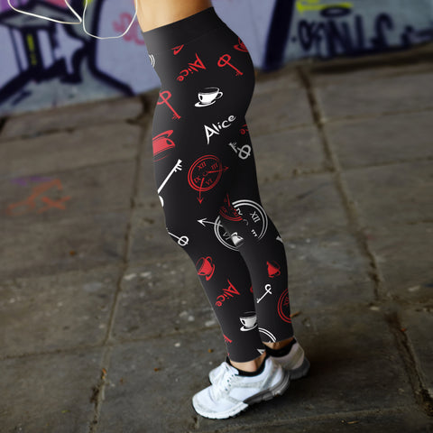 Image of Wonderland Leggings Alice and Clocks Black