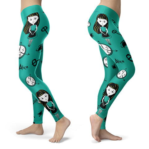 Image of Wonderland Leggings Alice Girl with Clocks Teal