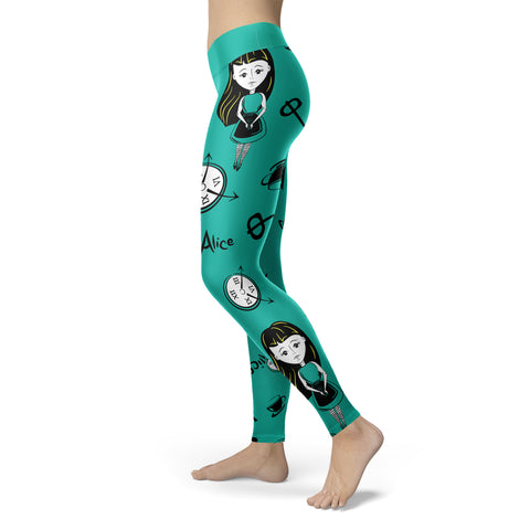 Image of Wonderland Leggings Alice Girl with Clocks Teal