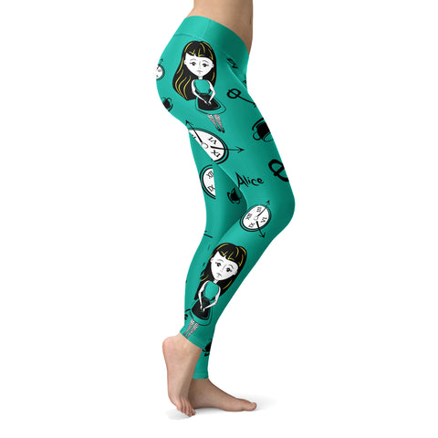 Image of Wonderland Leggings Alice Girl with Clocks Teal