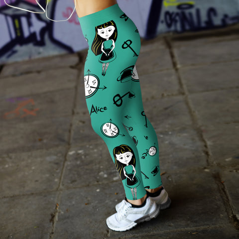 Image of Wonderland Leggings Alice Girl with Clocks Teal
