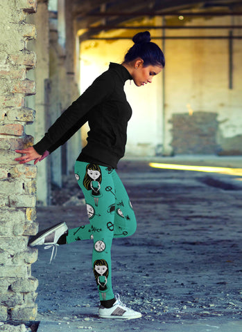 Image of Wonderland Leggings Alice Girl with Clocks Teal