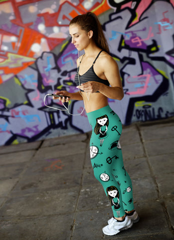 Image of Wonderland Leggings Alice Girl with Clocks Teal