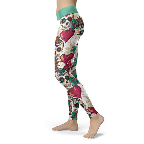 Image of Red Hearts and Sugar Skull Leggings