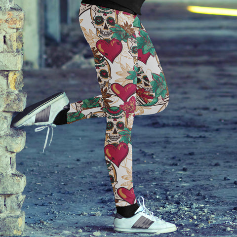 Image of Red Hearts and Sugar Skull Leggings