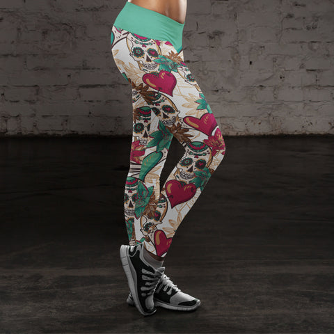 Image of Red Hearts and Sugar Skull Leggings Yoga Pants