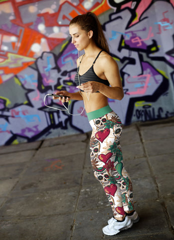 Image of Red Hearts and Sugar Skull Leggings Yoga Pants