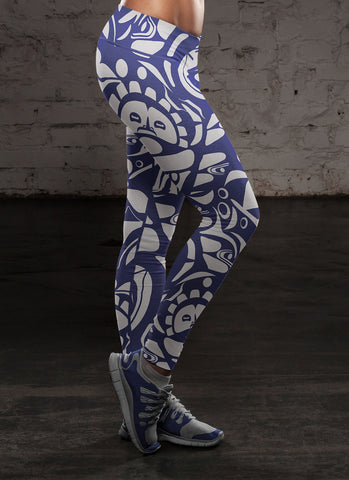 Image of Native Pattern White and Blue Leggings