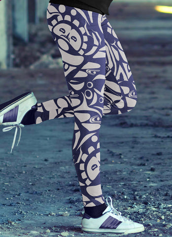 Image of Native Pattern White and Blue Leggings