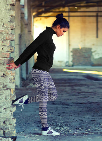 Image of Native Bird Pattern White and Blue Leggings